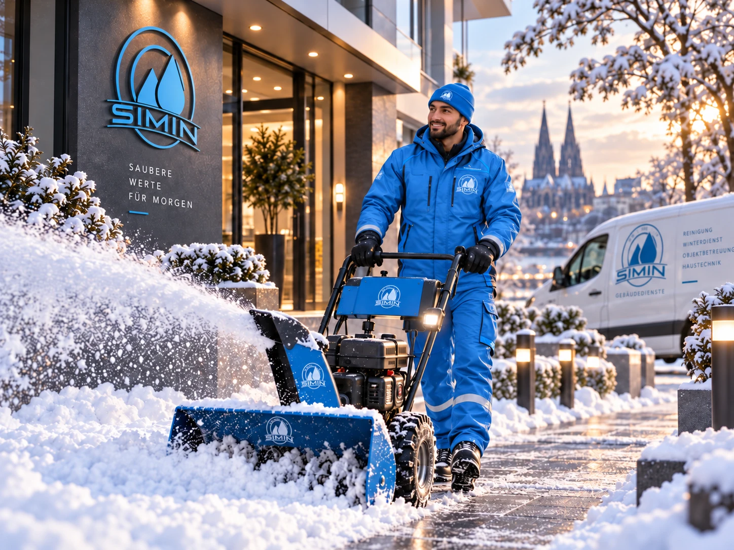 Winterdienst mit Schneefräse vor winterlicher Kölner Kulisse